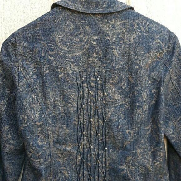 Vtg 90's Western Jean Jacket Gold Metallic Print Pintuck Studded Details Sz 4 - Picture 7 of 9